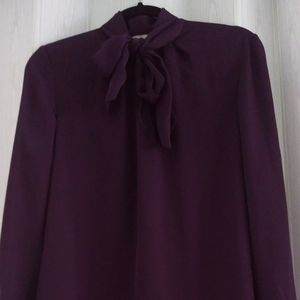 Dark violet silk-like blouse with bow